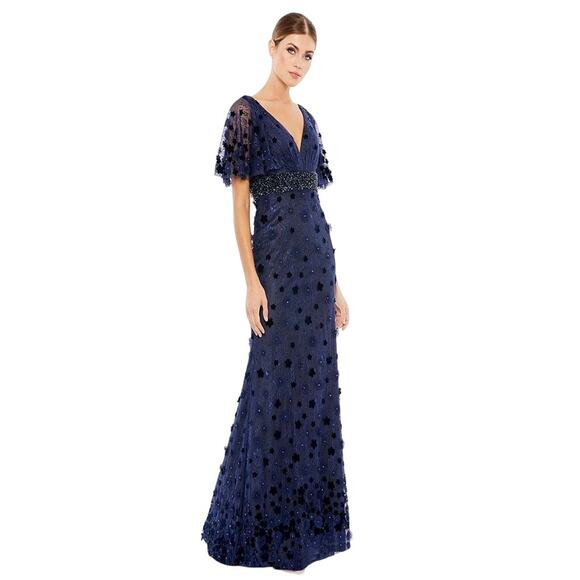 MAC DUGGAL 67712 Dark Blue Beaded Floral Lace Cape Short Sleeve Dress Size 16 - Picture 1 of 9